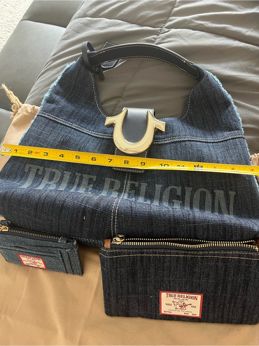 True Religion shoulder/tote bag set Blue Denim Logo Hobo with Wristlet - Picture 10 of 14